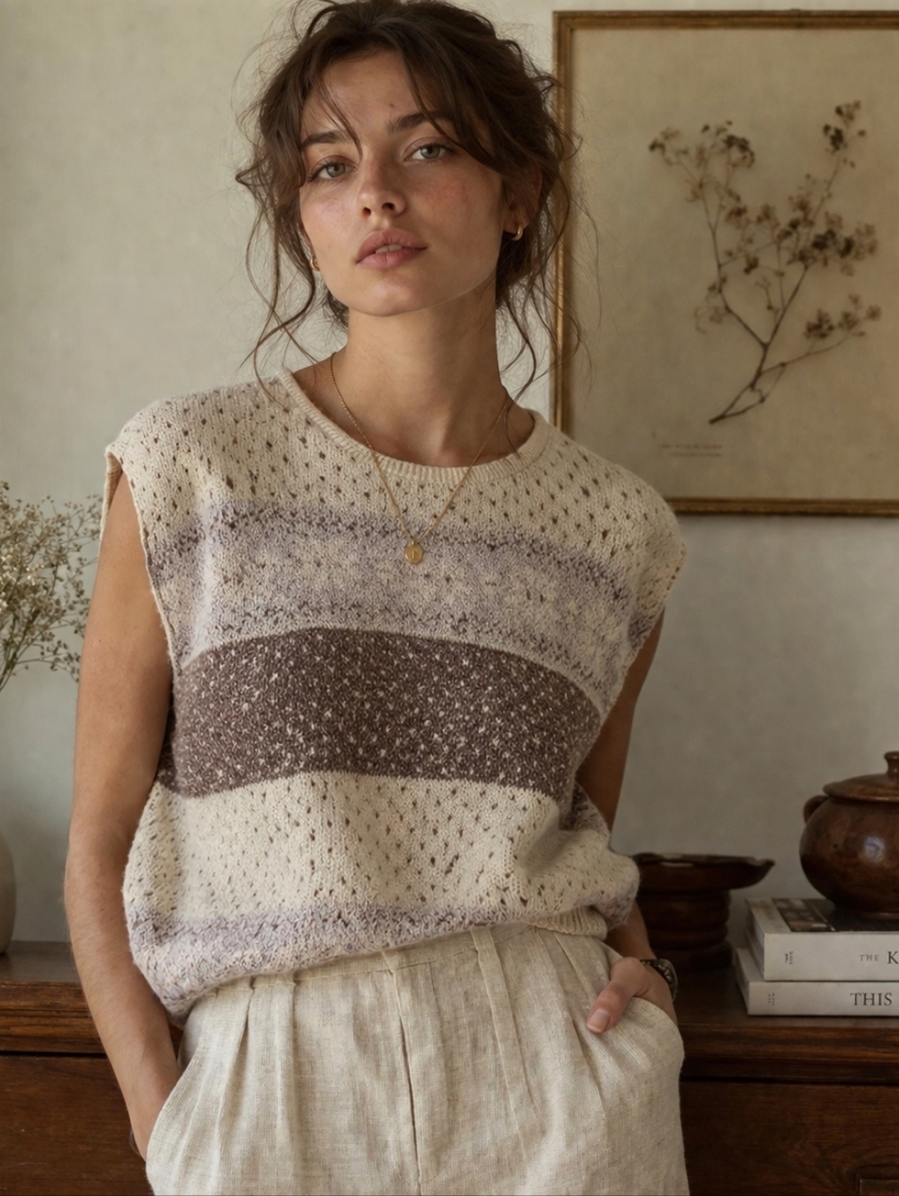 COLLAGE Sweater Vest Womens Large Cream Brown Silk Angora Cottagecore Grandma